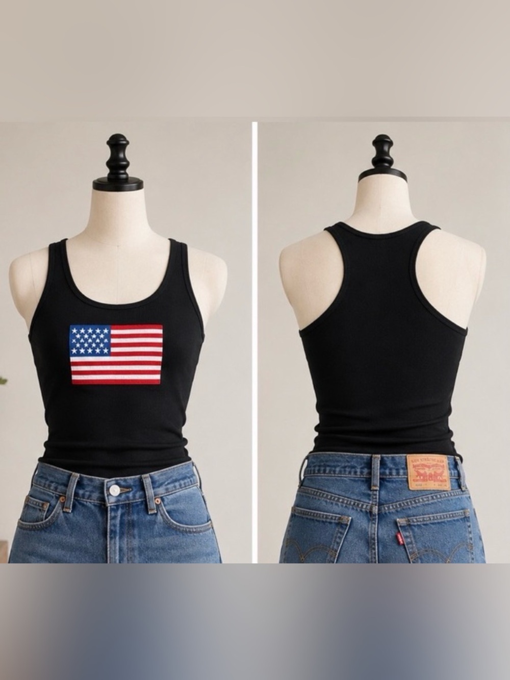 Zenana Outfitters Embroidered American Flag Racerback Tank Top Black Patriotic - Picture 7 of 7